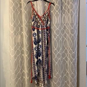 Patterned blue, red, and white dress